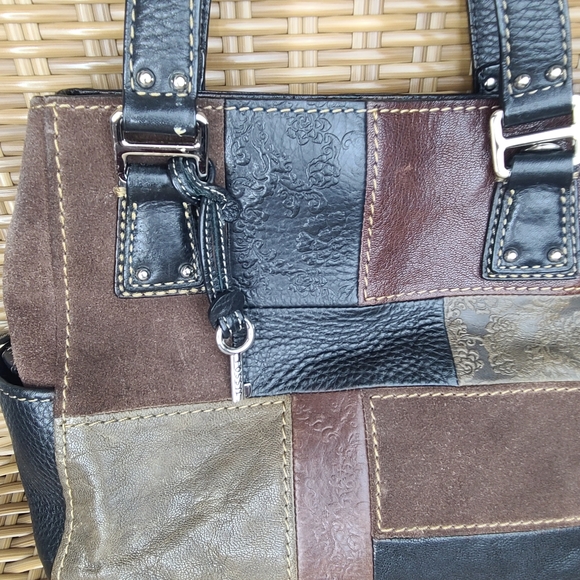 Fossil Shoulder Bag Handbag Purse Patchwork Leather Suede Black Brown Burgundy - Picture 3 of 16